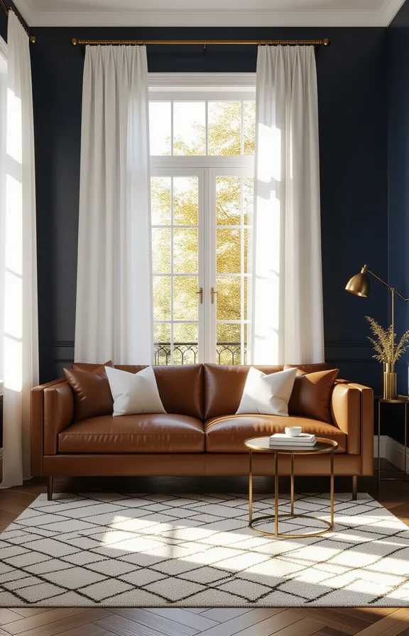 medium wide shot from eye-level. chestnut brown sofa