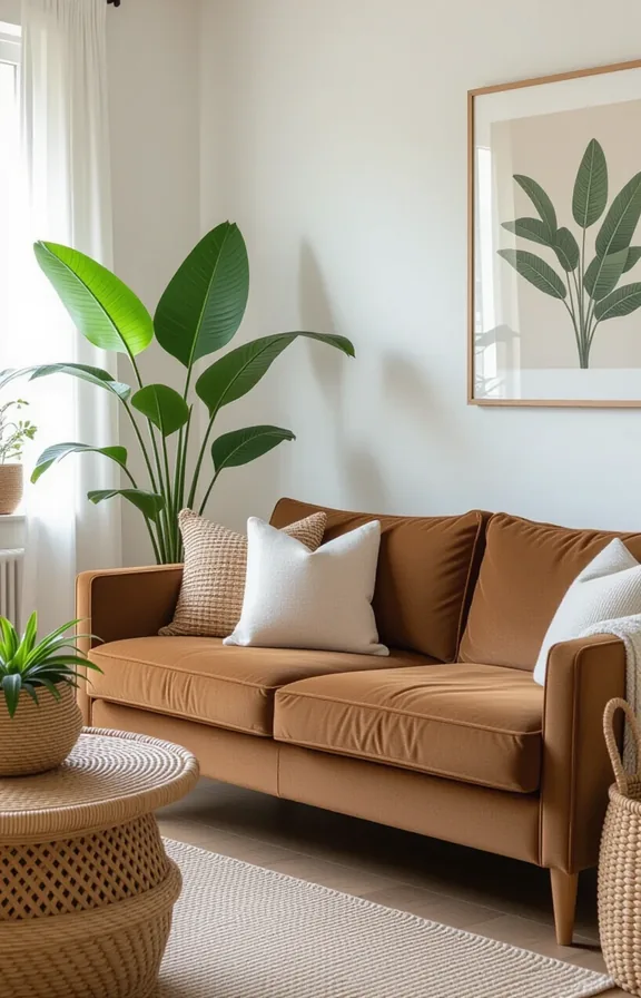 medium wide shot from eye-level. brown corduroy sofa