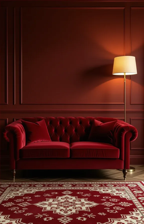 deep burgundy velvet sofa sits medium-sized living room