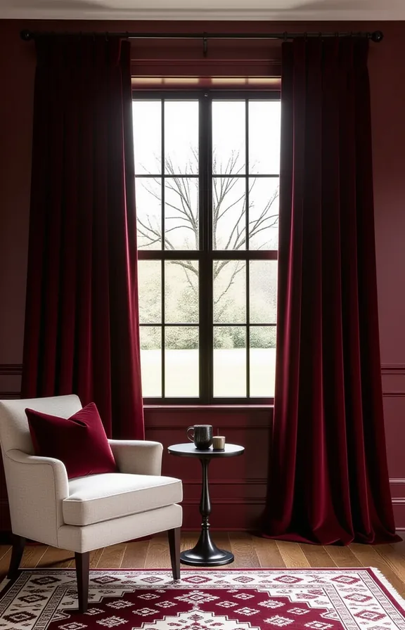 Three-quarter view floor-to-ceiling burgundy velvet curtains framing window