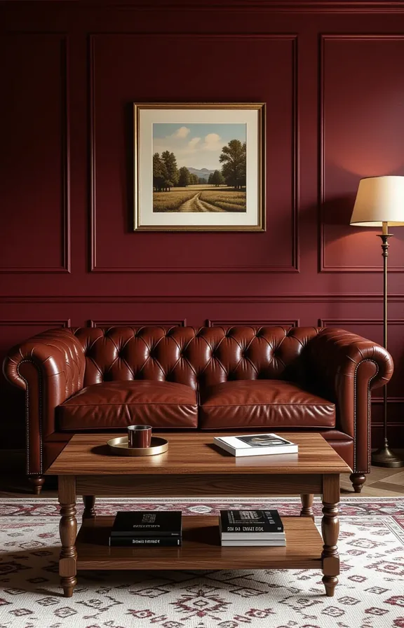 classic tobacco brown leather chesterfield sofa against burgundy