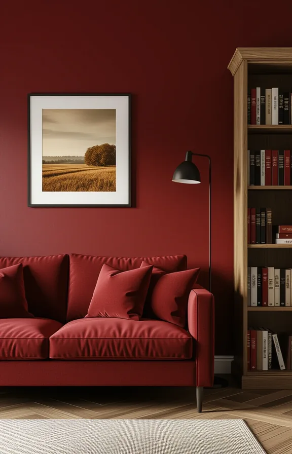 Three-quarter view single accent wall painted deep spiced