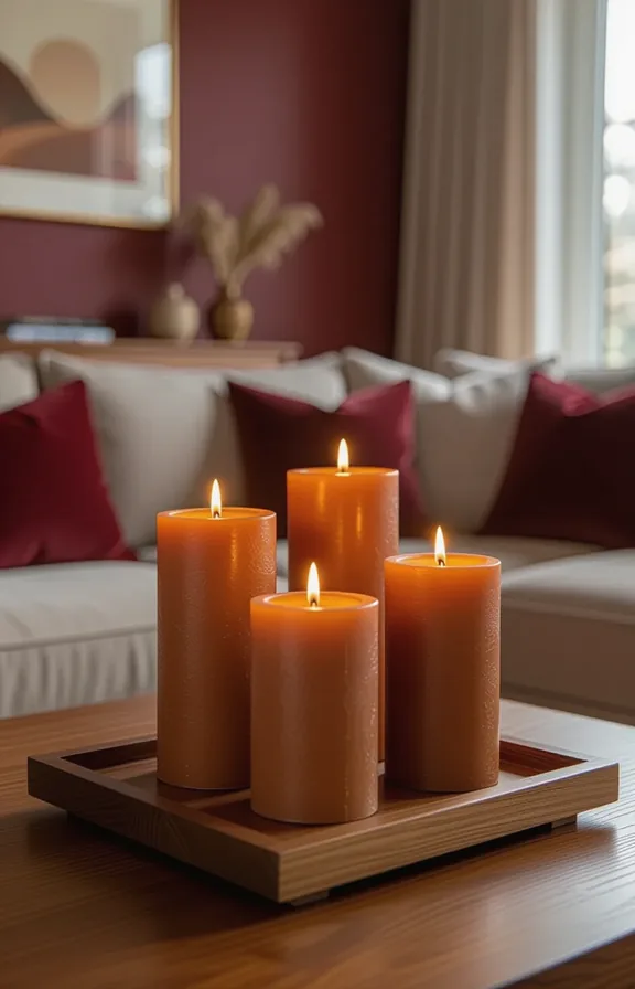 cluster cinnamon-coloured pillar candles brown wooden tray atop