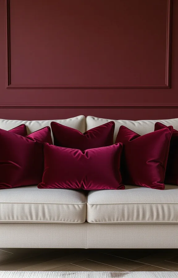 Three-quarter view pile deep berry-coloured velvet throw pillows