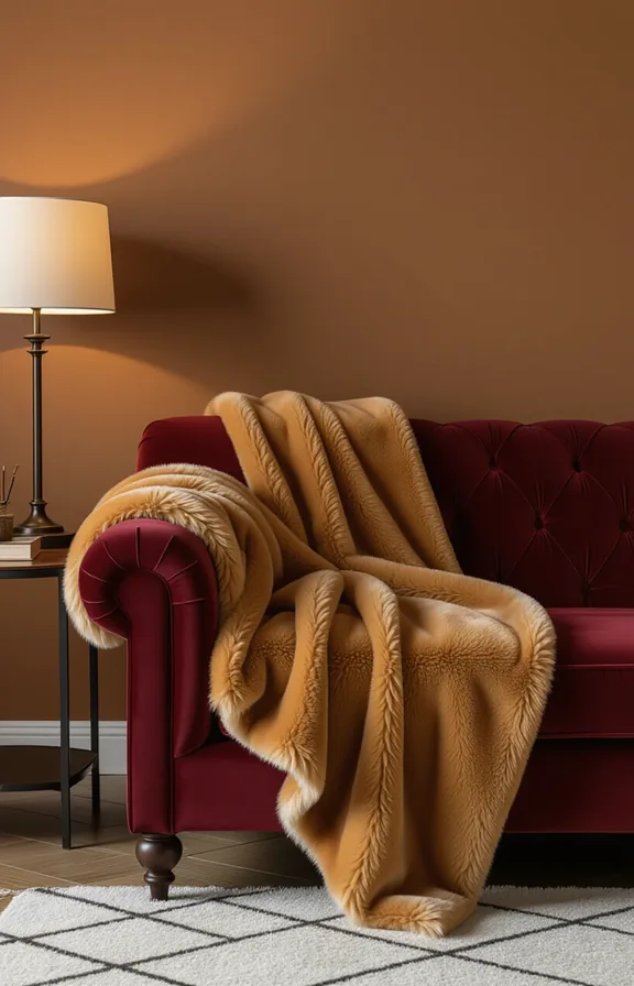 caramel brown faux fur throw blanket draped over