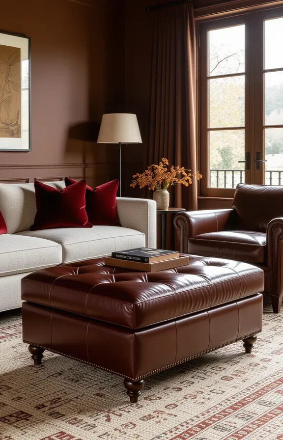 Three-quarter view oxblood leather ottoman serving coffee table