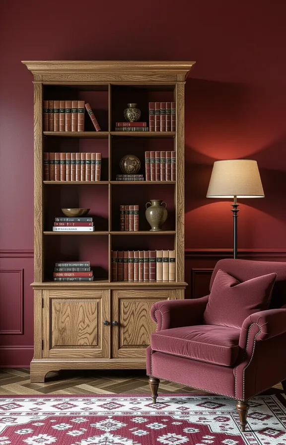 Three-quarter view freestanding bookcase styled with books and
