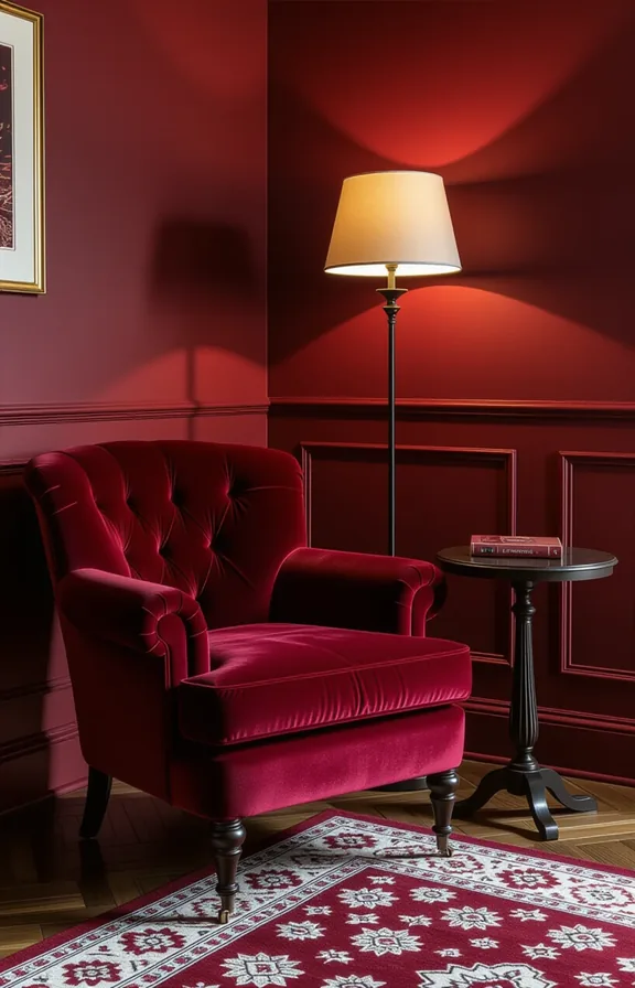 single garnet-coloured velvet armchair corner living room walls