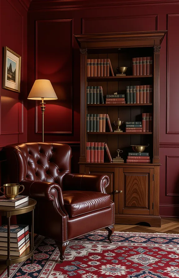 Three-quarter view brown leather armchair beside mahogany freestanding