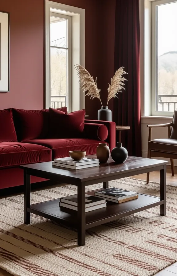Three-quarter view dark espresso wood coffee table centered