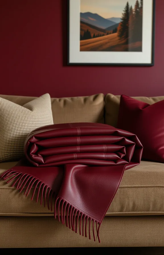 cordovan leather throw blanket neatly folded over the arm of a deep sofa
