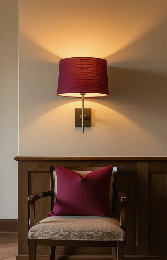 Three-quarter view wall-mounted sconce with mulberry-coloured fabric shade