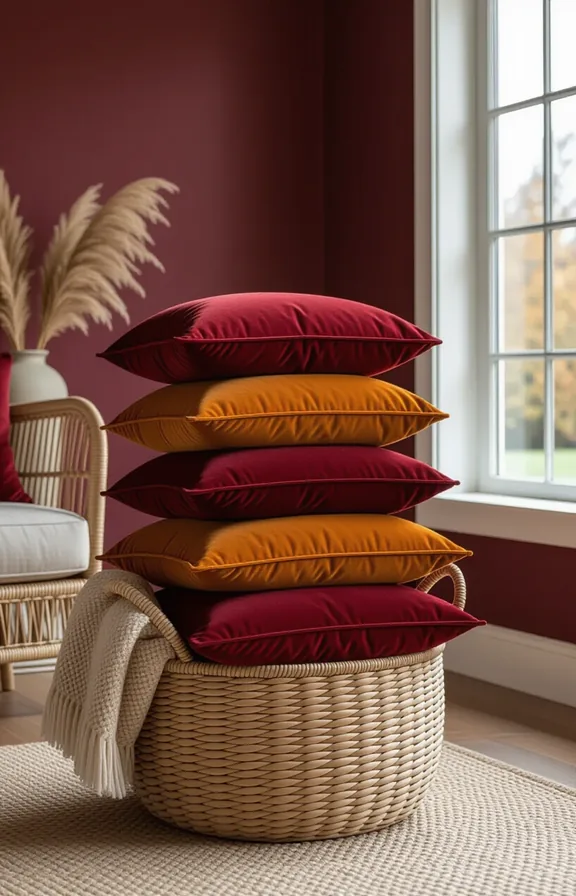 stacked pile russet and brown throw pillows large