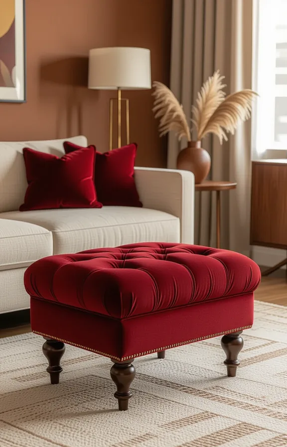 Three-quarter view burgundy tufted footstool used extra seating