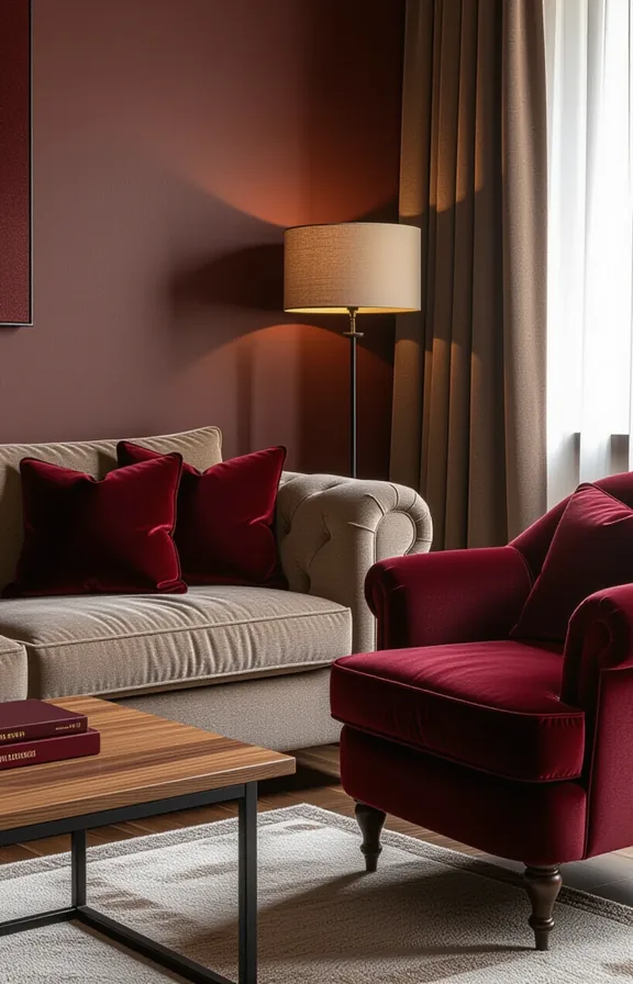 mix brown linen and burgundy velvet textiles sofa