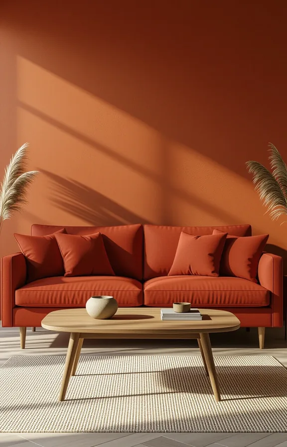 afternoon light hits terracotta-painted accent wall behind brown