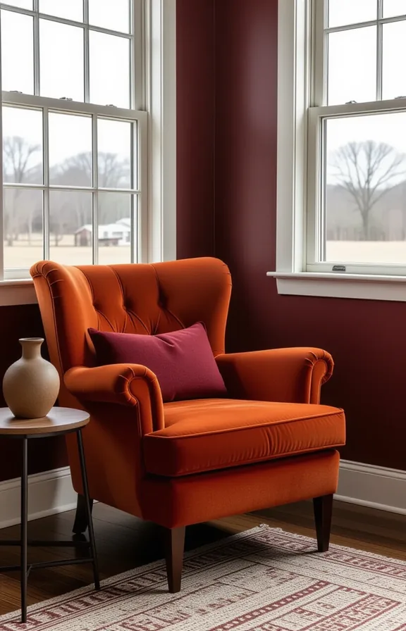 burnt rust-coloured armchair sits corner compact living room