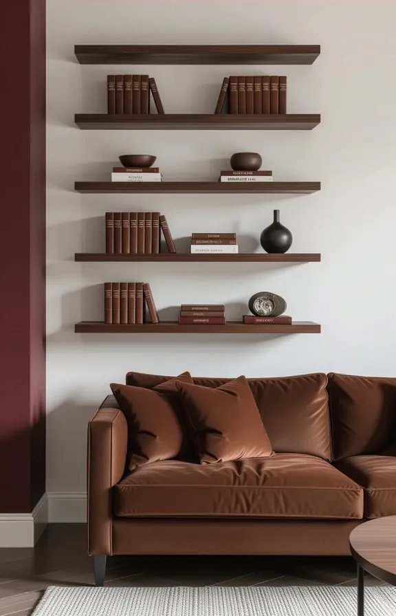 Three-quarter view dark walnut floating shelves styled with