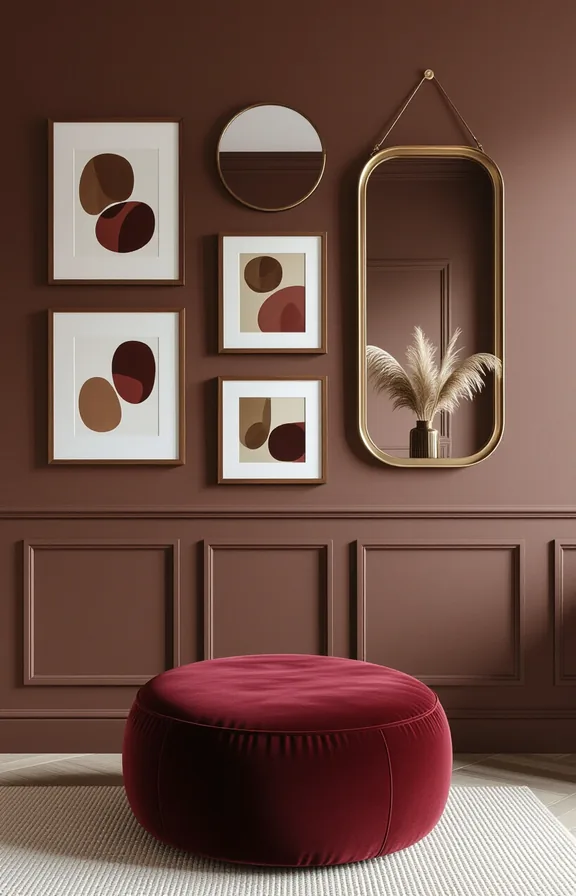 gallery wall brown-framed art and simple mirrors cocoa