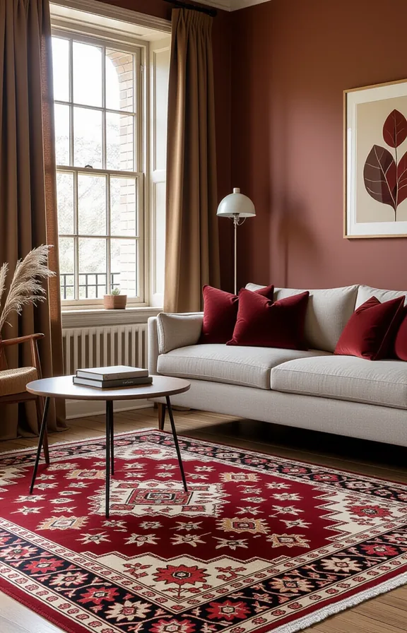 large patterned burgundy rug anchors medium-sized living room