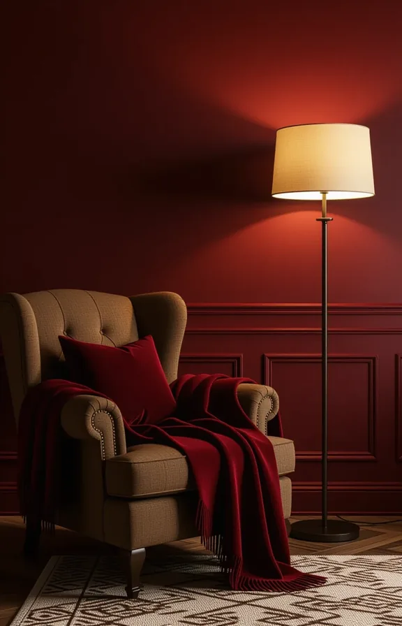 Three-quarter view cozy nook with brown armchair and