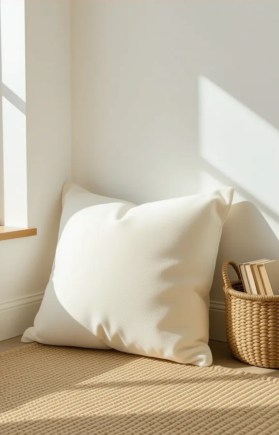 Medium shot large cream floor pillow jute rug