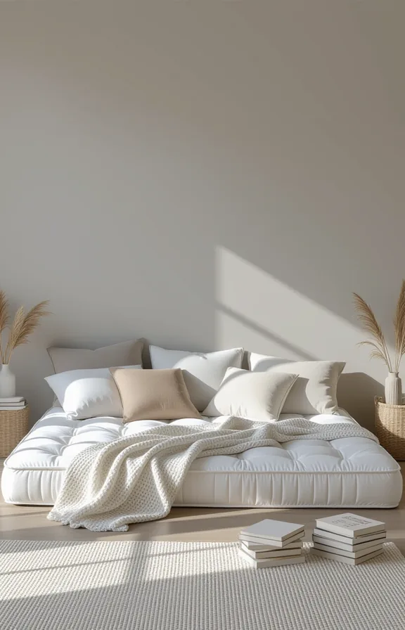 Wide shot twin mattress directly the floor studio