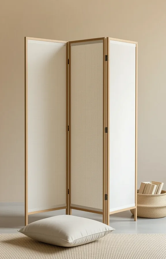 Three-quarter view tall lightweight folding room screen placed