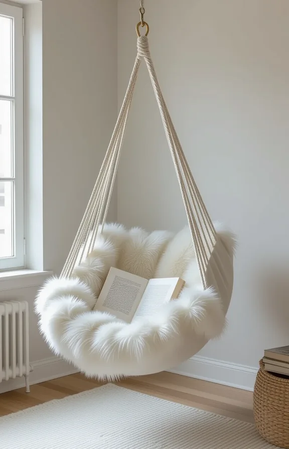 Wide shot fabric hammock chair slung the corner