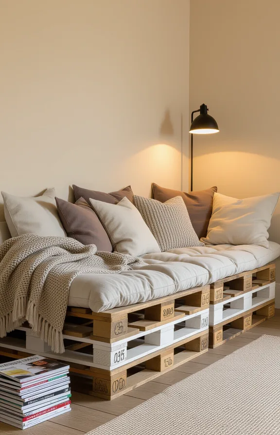 Medium shot low sofa built from reclaimed wooden