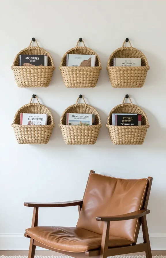 Three-quarter view collection shallow woven baskets hung the