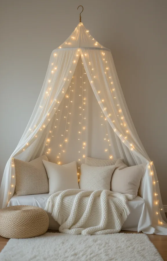 Wide shot cozy nook created draping sheer white