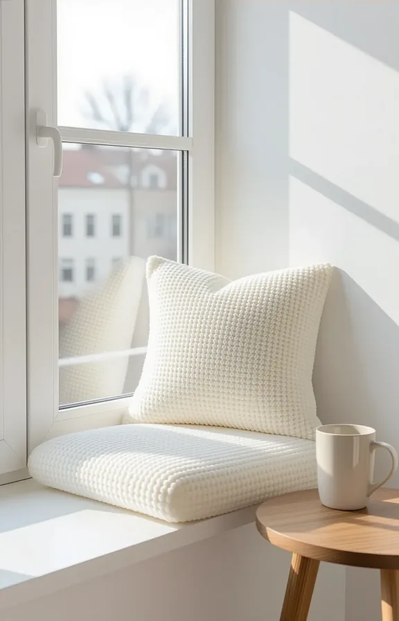 A simple foam cushion placed on a wide apartment window ledge, creating a reading spot.