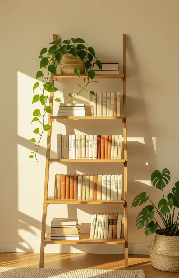 Wide shot tall slim leaning ladder shelf used