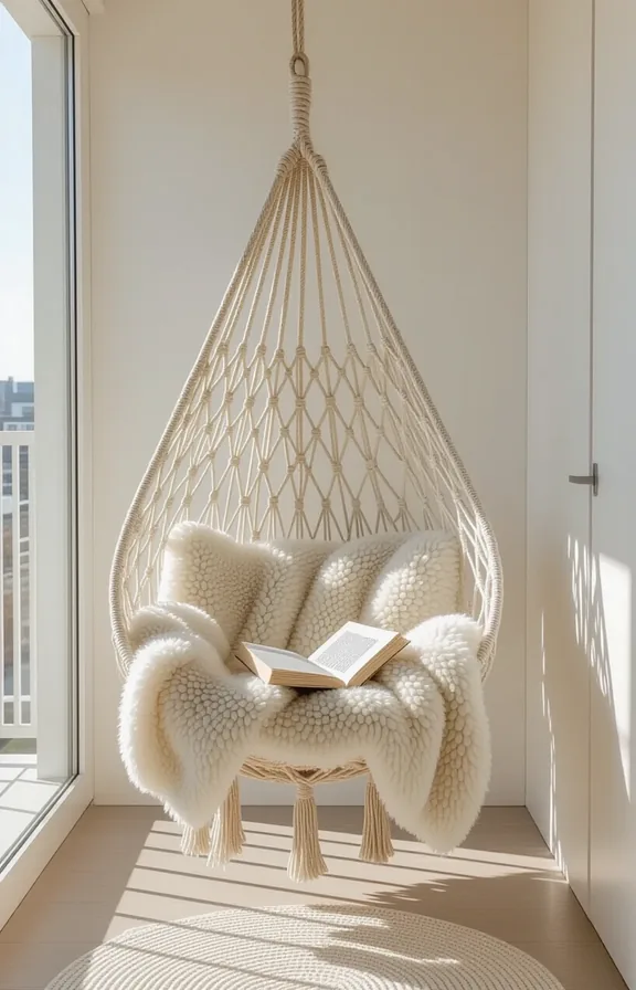 white macrame hanging chair suspended from sturdy stand