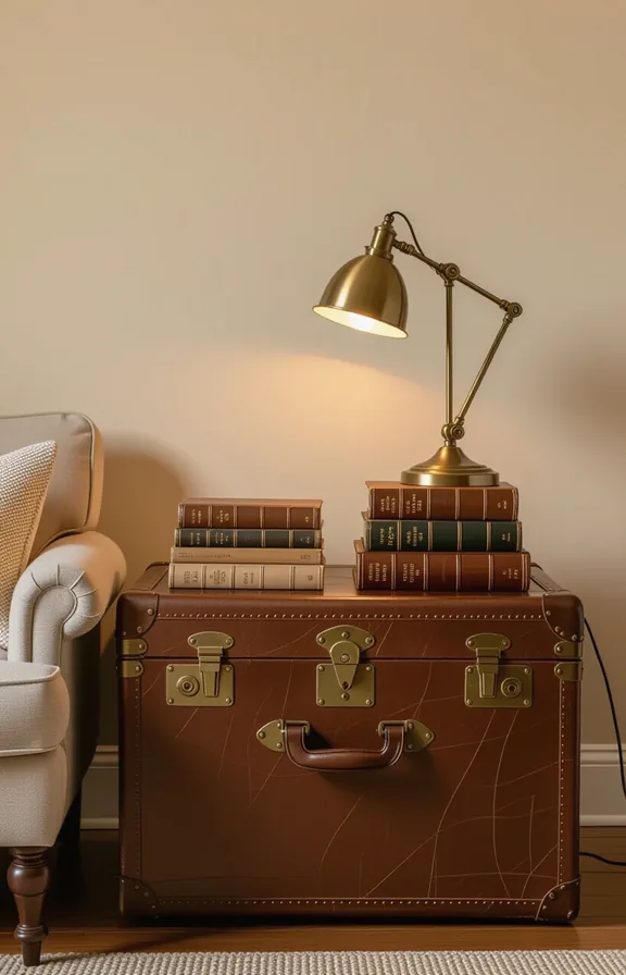 Three-quarter view vintage leather trunk serving side table