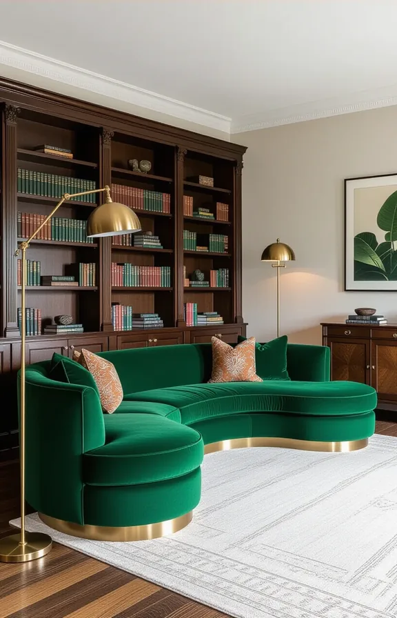 Medium deep emerald green velvet curved sectional sofa