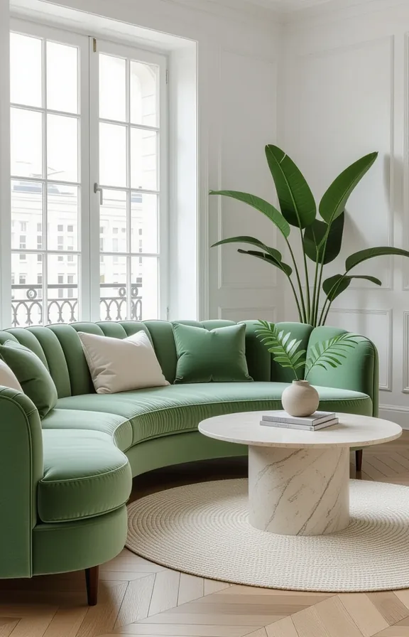3/4 view soft sage green velvet curved sofa