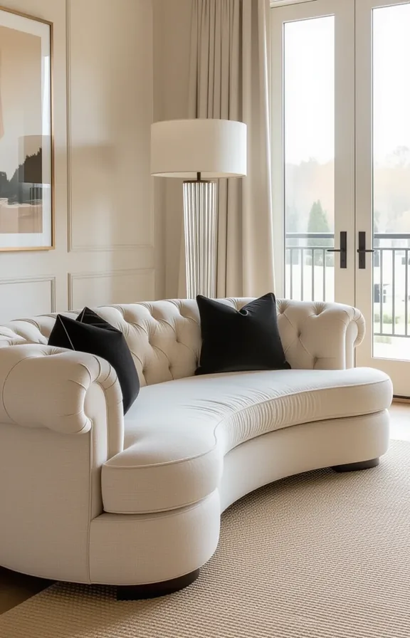 3/4 view large beige channel-tufted curved sofa with