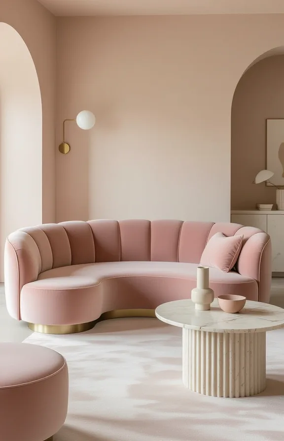 Medium shot striking circular sofa upholstered blush pink