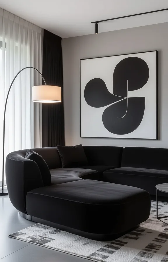 bold black curved sectional sofa defining seating area