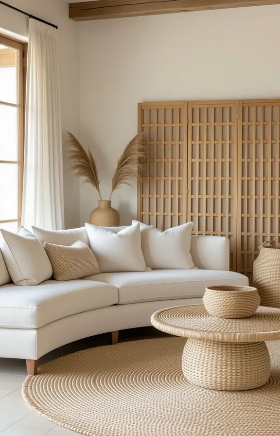 Medium 3/4 view curved linen sofa oatmeal paired