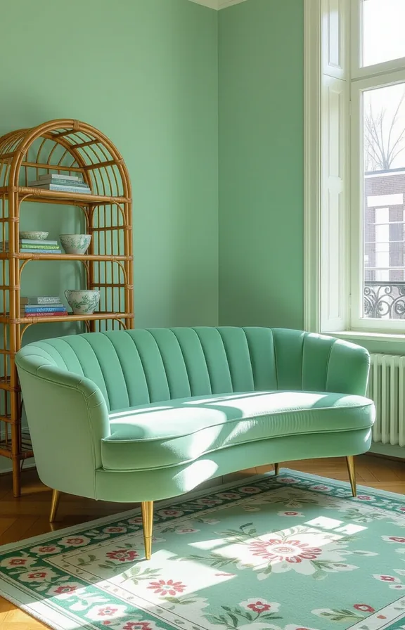 Medium curved sofa mint green velvet with brass