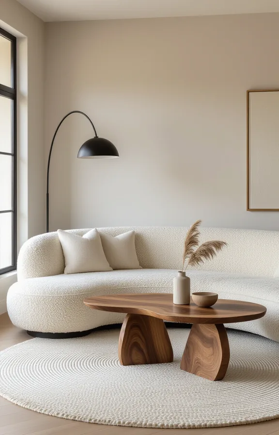 3/4 view curved bouclé sofa balanced live-edge walnut