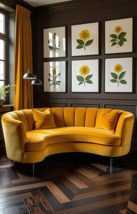 Medium shot curved sofa bold mustard yellow velvet