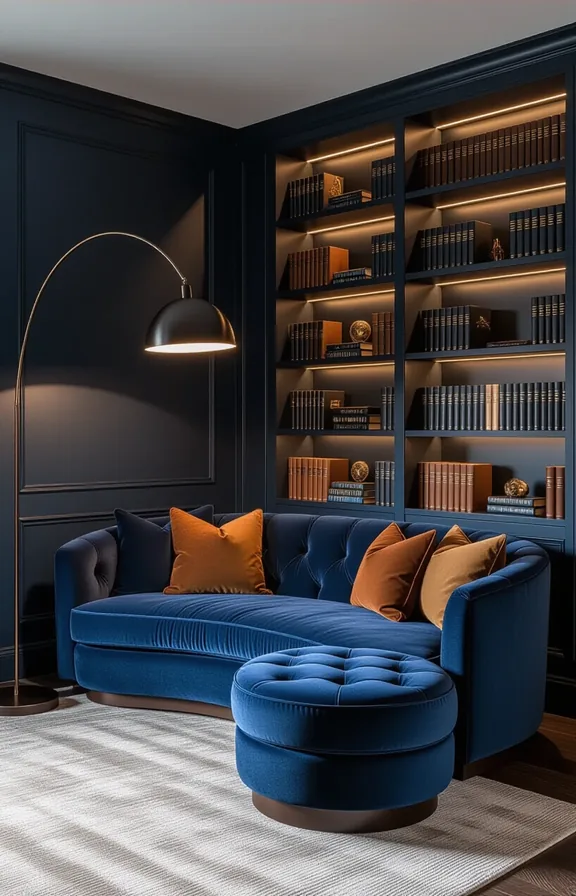 round sofa creating dedicated reading nook beside freestanding