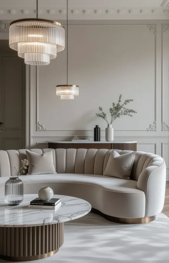 3/4 view curved sofa with fluted velvet upholstery