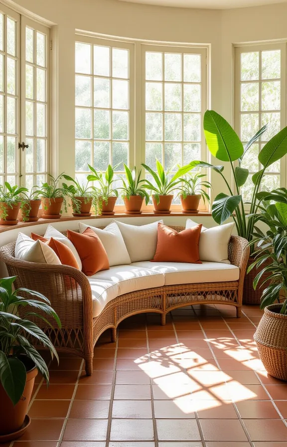 Medium wide shot curved wicker and linen sofa