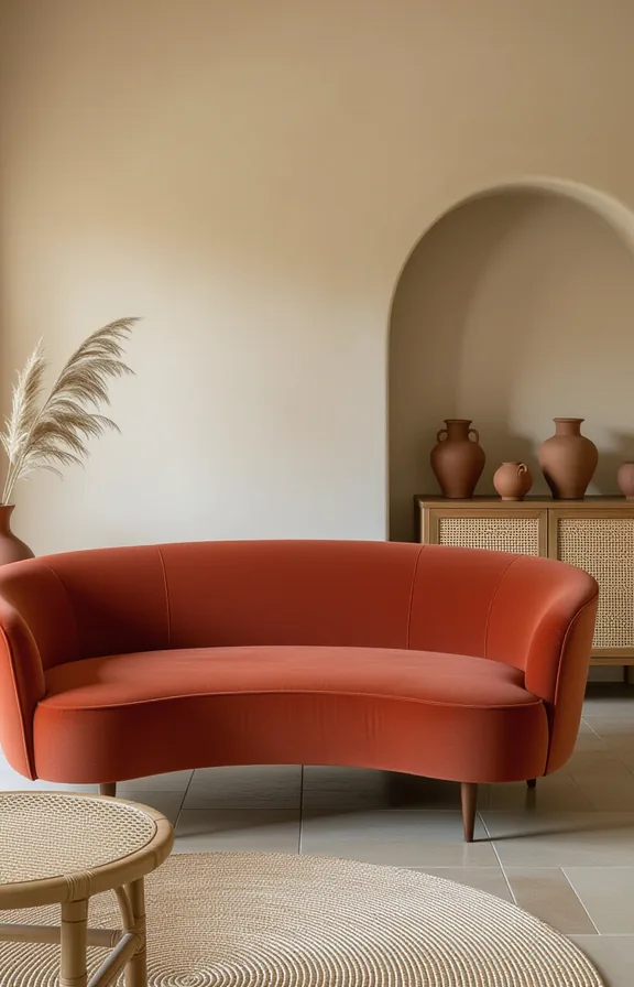 Medium curved sofa rich terracotta-coloured velvet anchoring earthy
