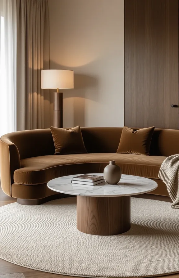Medium 3/4 view curved sofa rich brown velvet